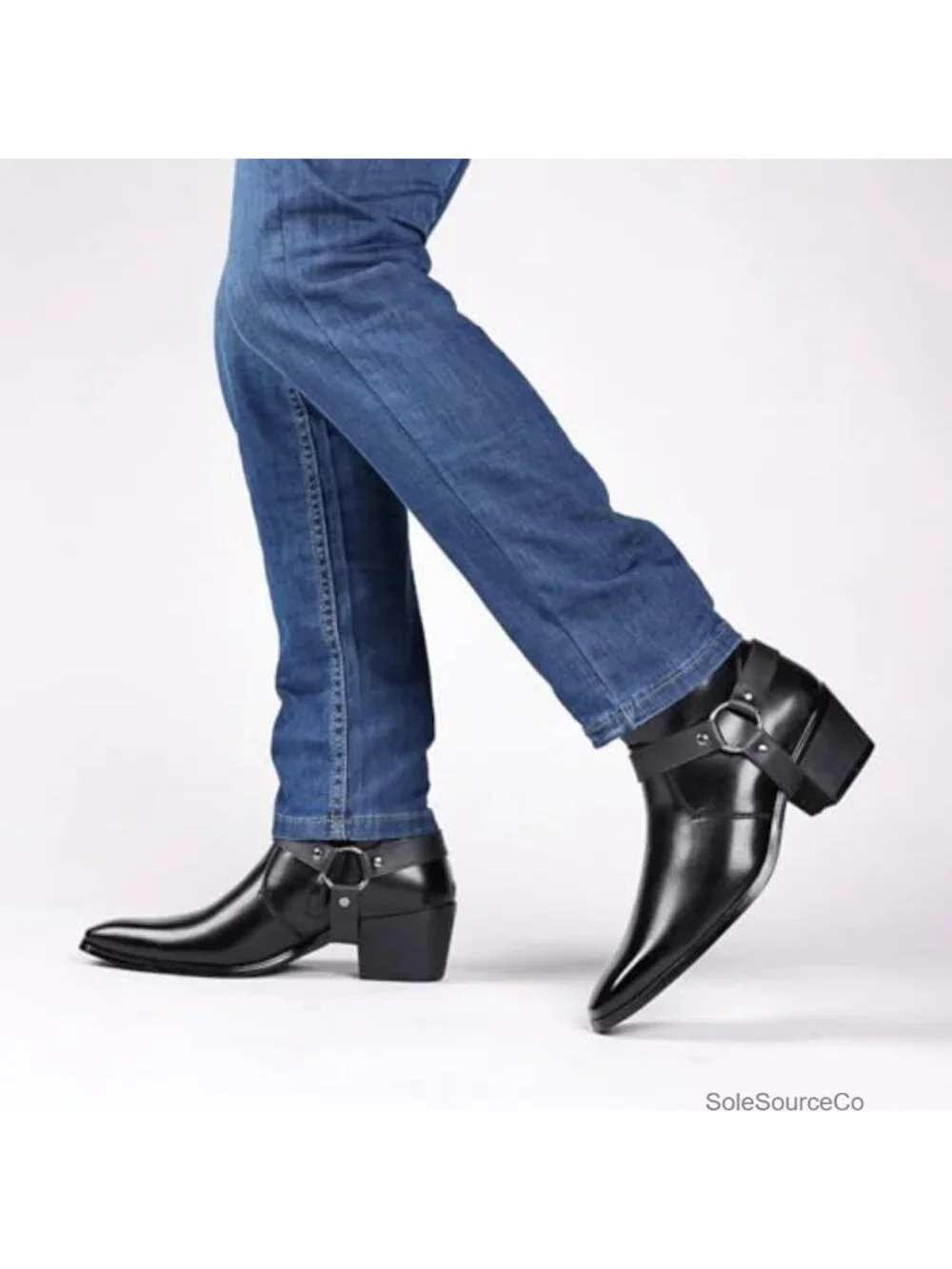 Men's Faux Leather Chunky Heel Chelsea Boots Belt Buckle Side Zipper